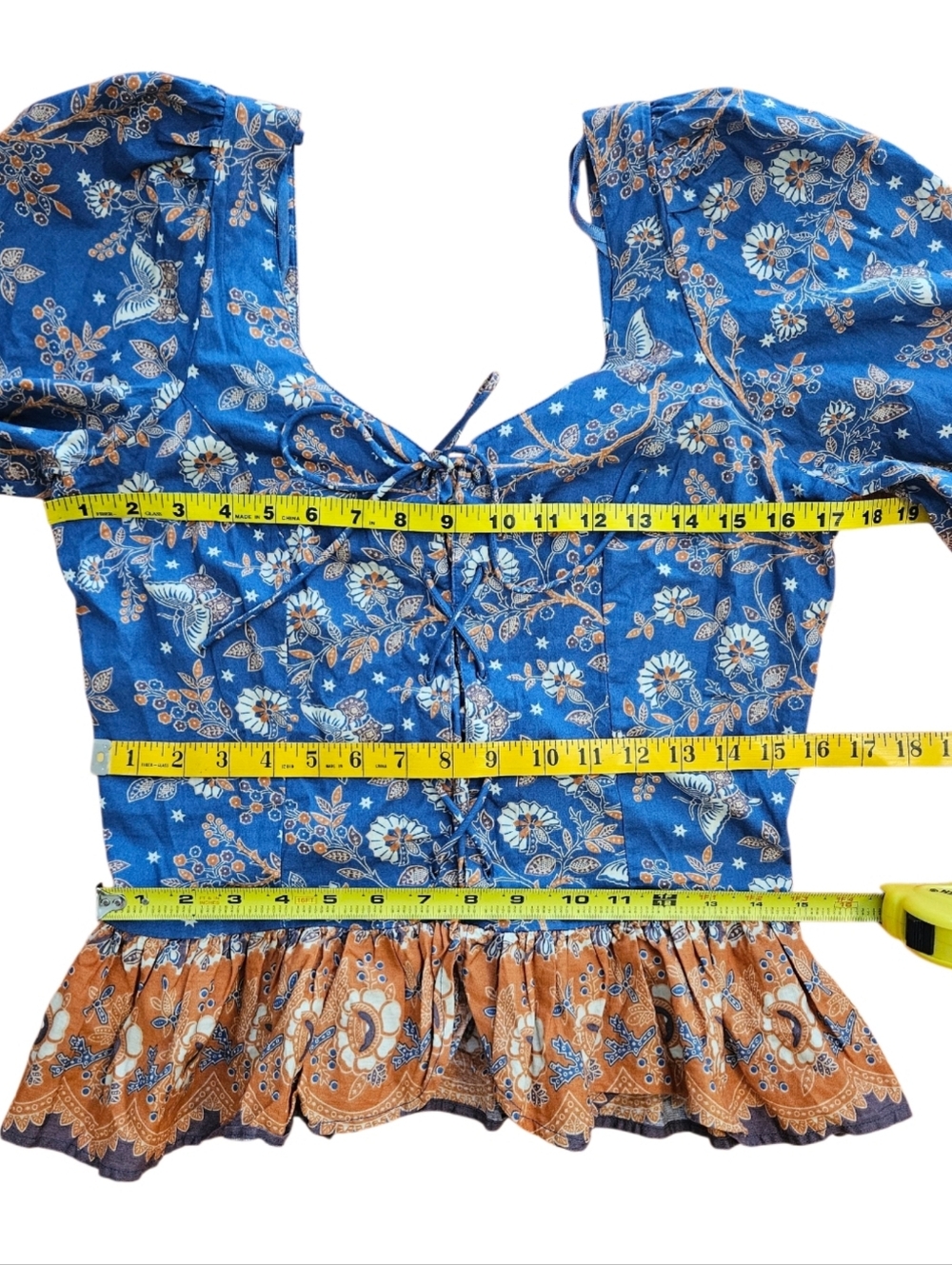 Boho Floral Ruffle Women’s Top - Blue & Orange-Size Medium-NWOT - Picture 5 of 12